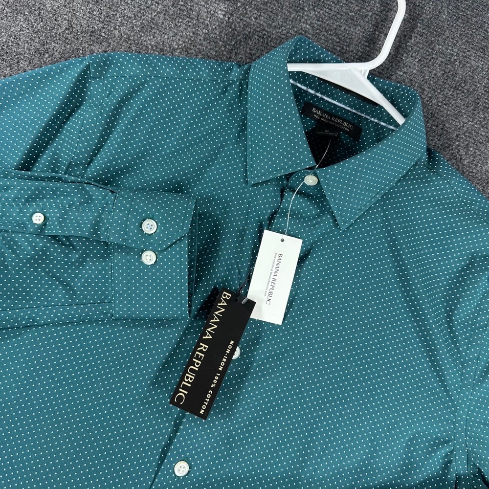 Banana Republic Dress Shirt Mens M Medium Teal Green Non-Iron Micro Dot NWT